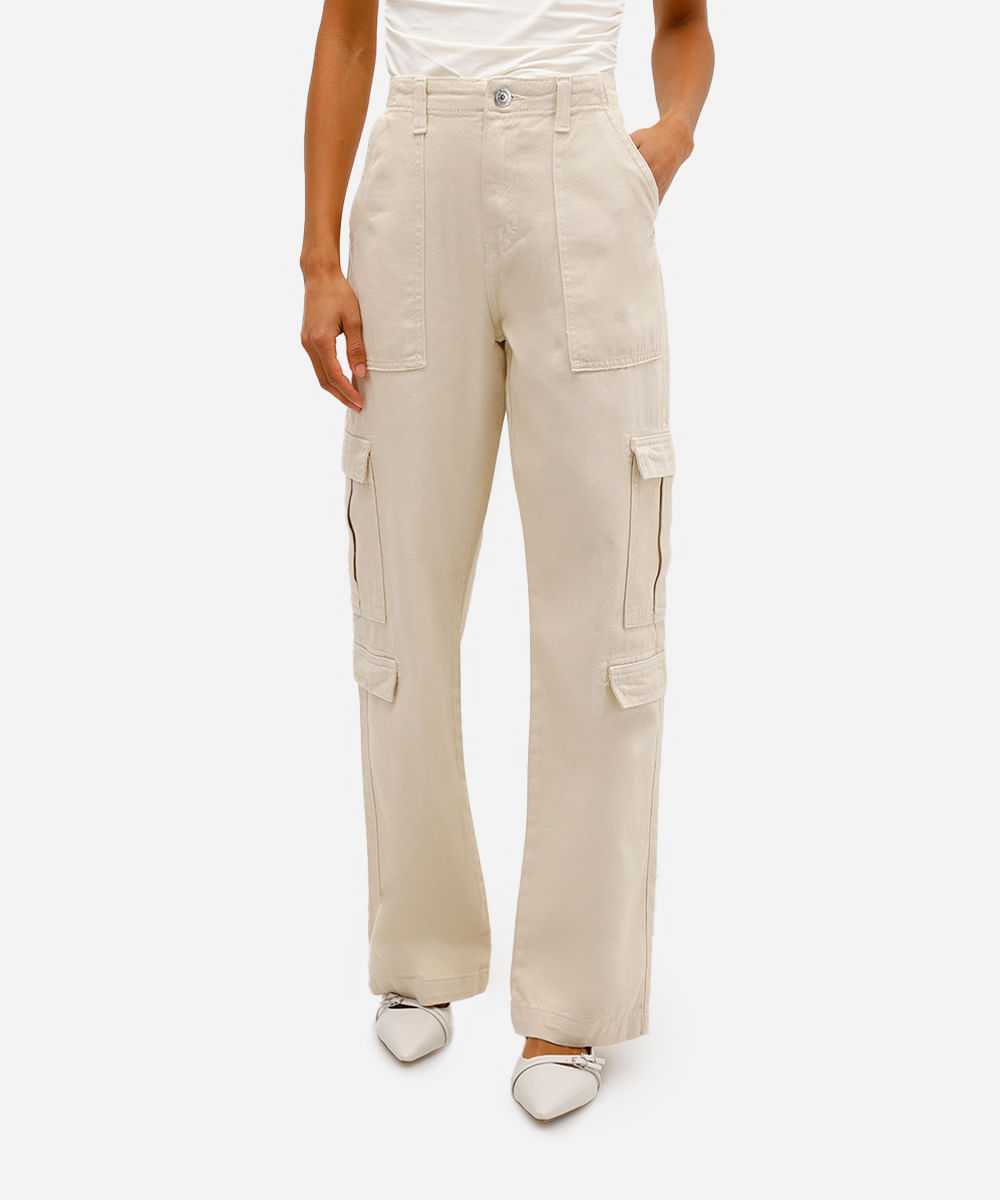 calça feminina sarja cintura alta cargo multibolsos bege