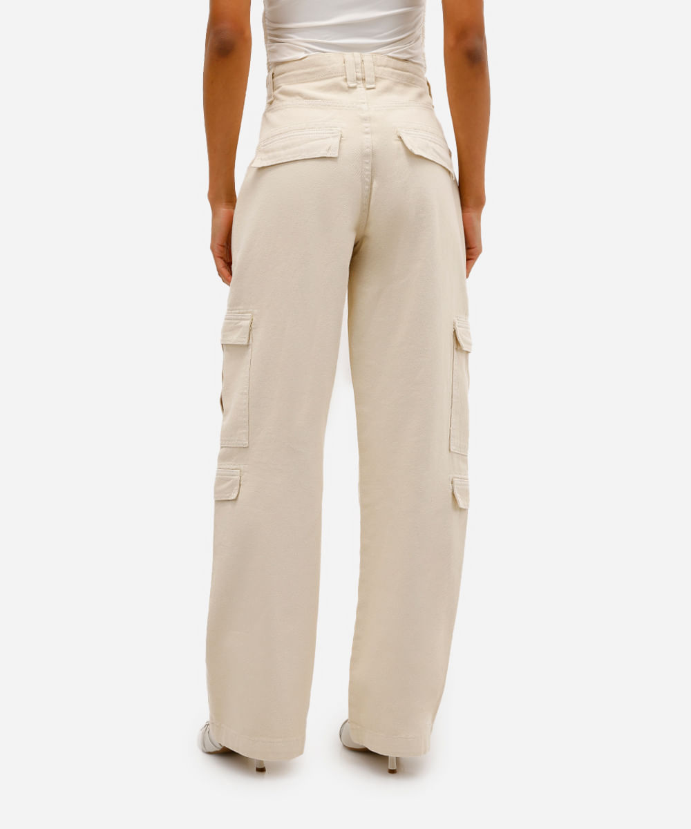 calça feminina sarja cintura alta cargo multibolsos bege