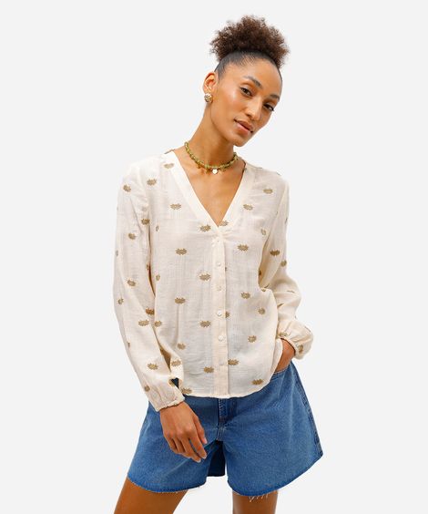 bata feminina de viscose com bordados texturizada bege