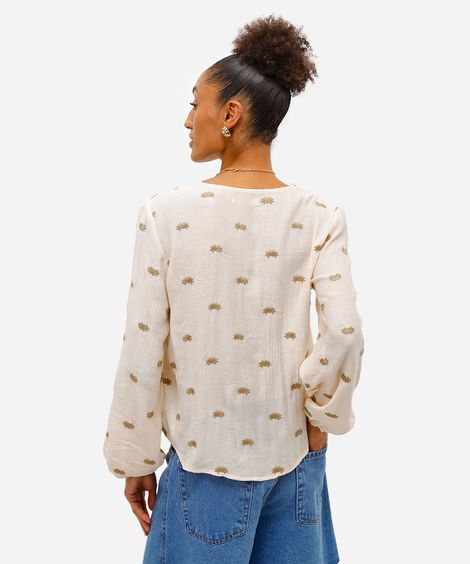 bata feminina de viscose com bordados texturizada bege