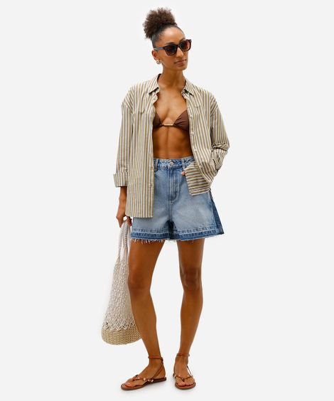 short feminino jeans cintura alta azul