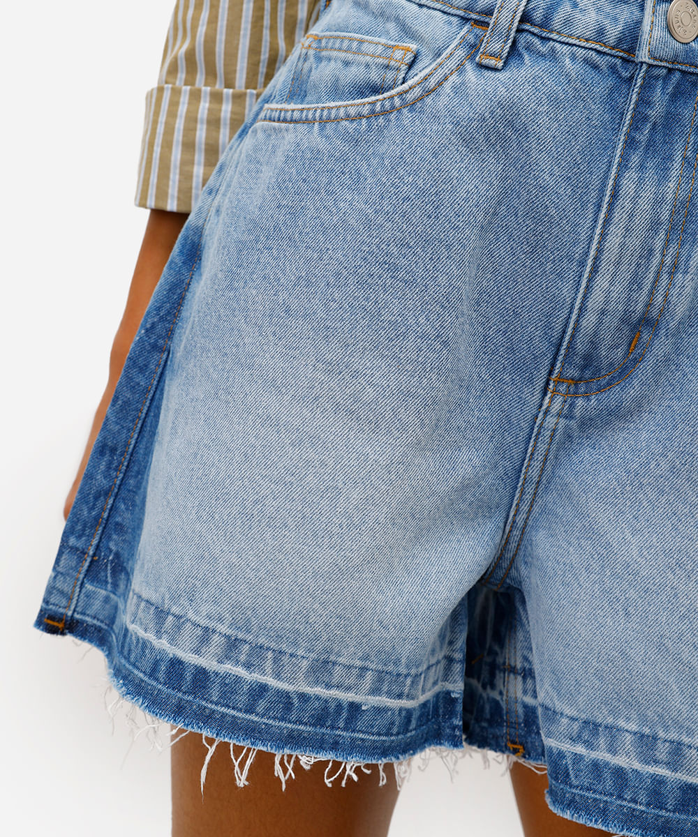 short feminino jeans cintura alta azul