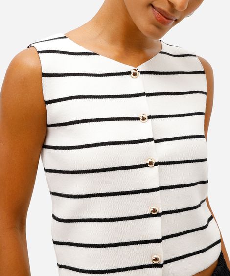 colete feminino de tricot listrado com botões off white