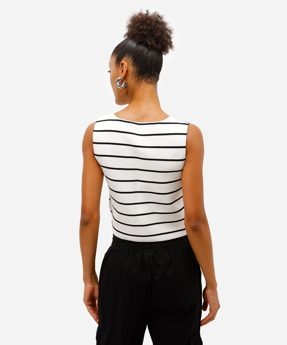 colete feminino de tricot listrado com botões off white