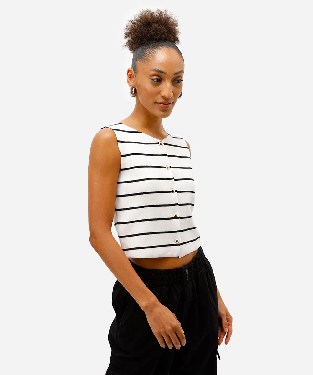 colete feminino de tricot listrado com botões off white