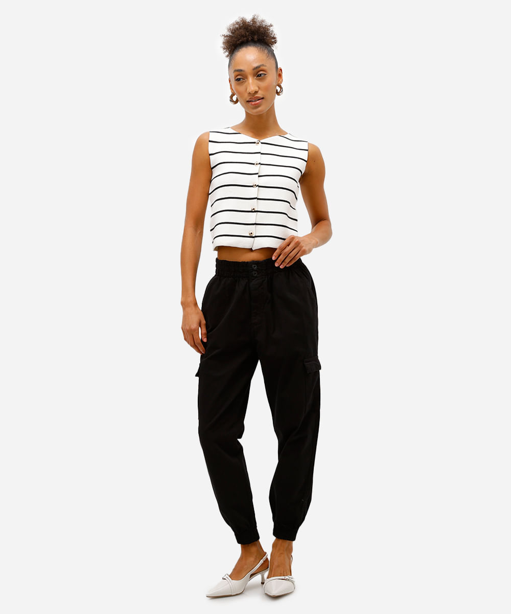 colete feminino de tricot listrado com botões off white