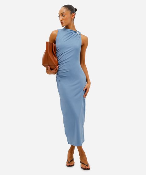 vestido midi feminino franzido com fenda azul