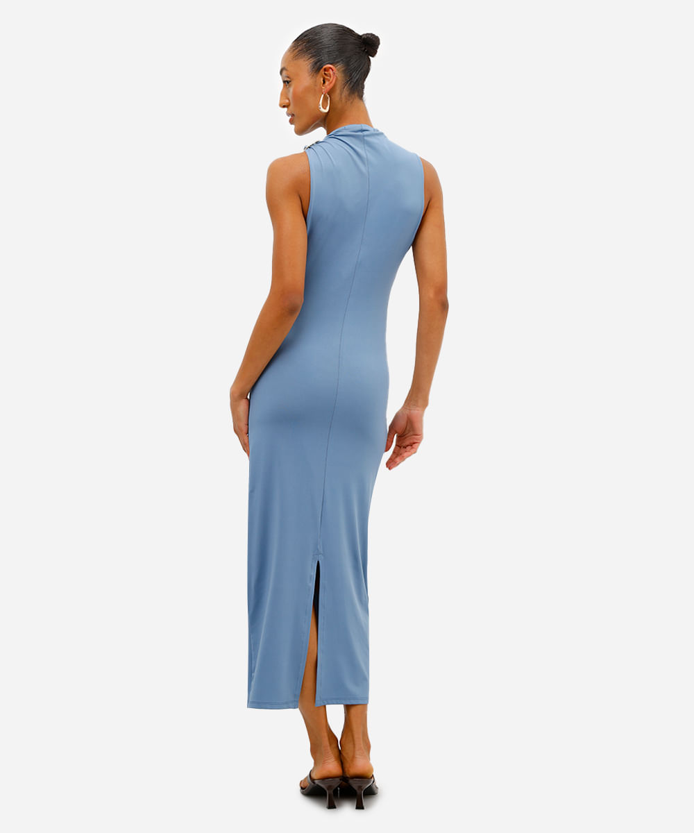 vestido midi feminino franzido com fenda azul