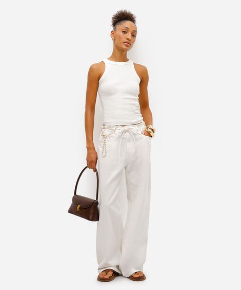 calça oversized feminina de sarja com cordão off white