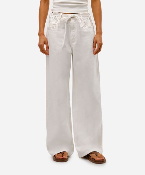 calça oversized feminina de sarja com cordão off white
