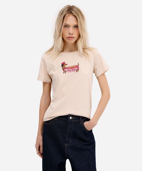 camiseta feminina de algodão manga curta hot dog bege