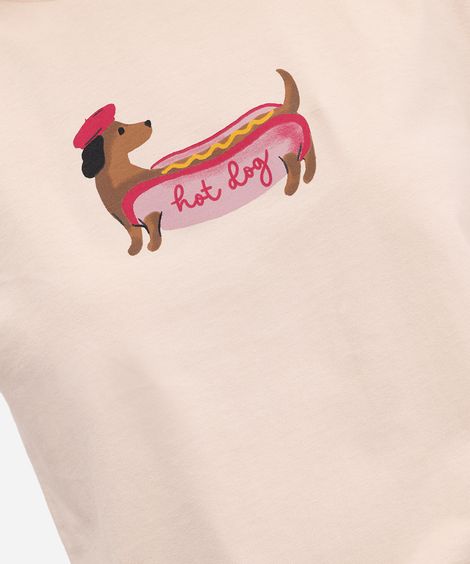 camiseta feminina de algodão manga curta hot dog bege