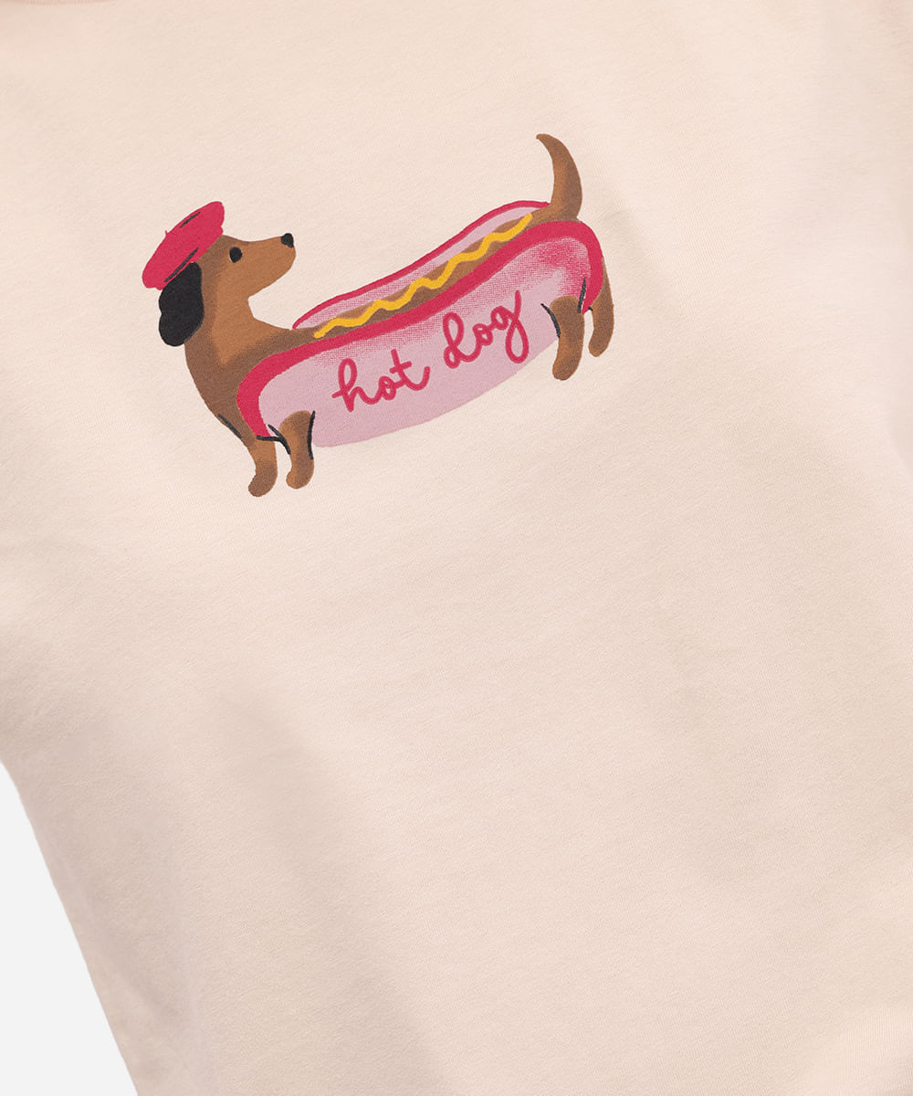 camiseta feminina de algodão manga curta hot dog bege