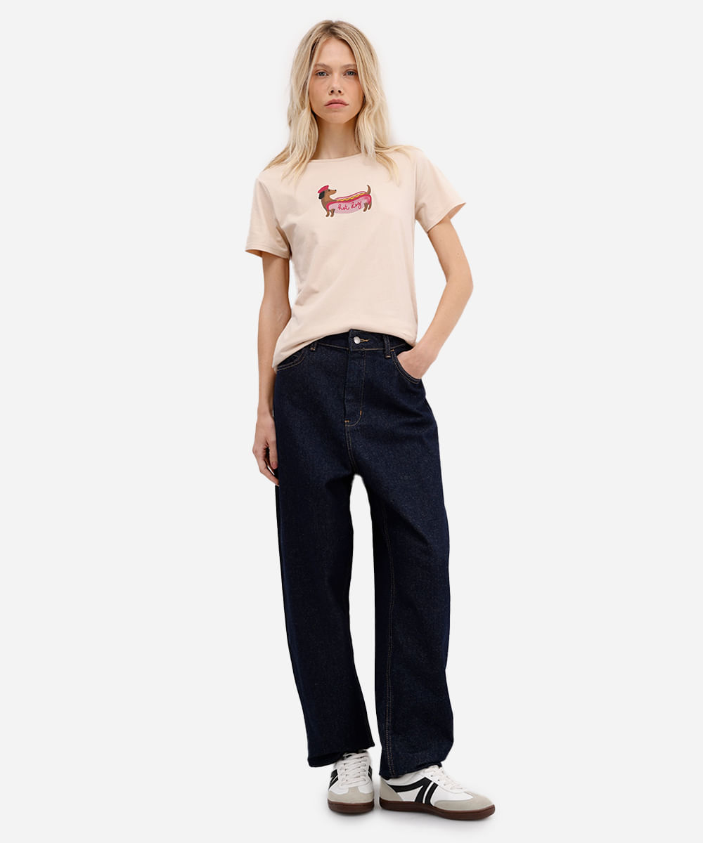 camiseta feminina de algodão manga curta hot dog bege