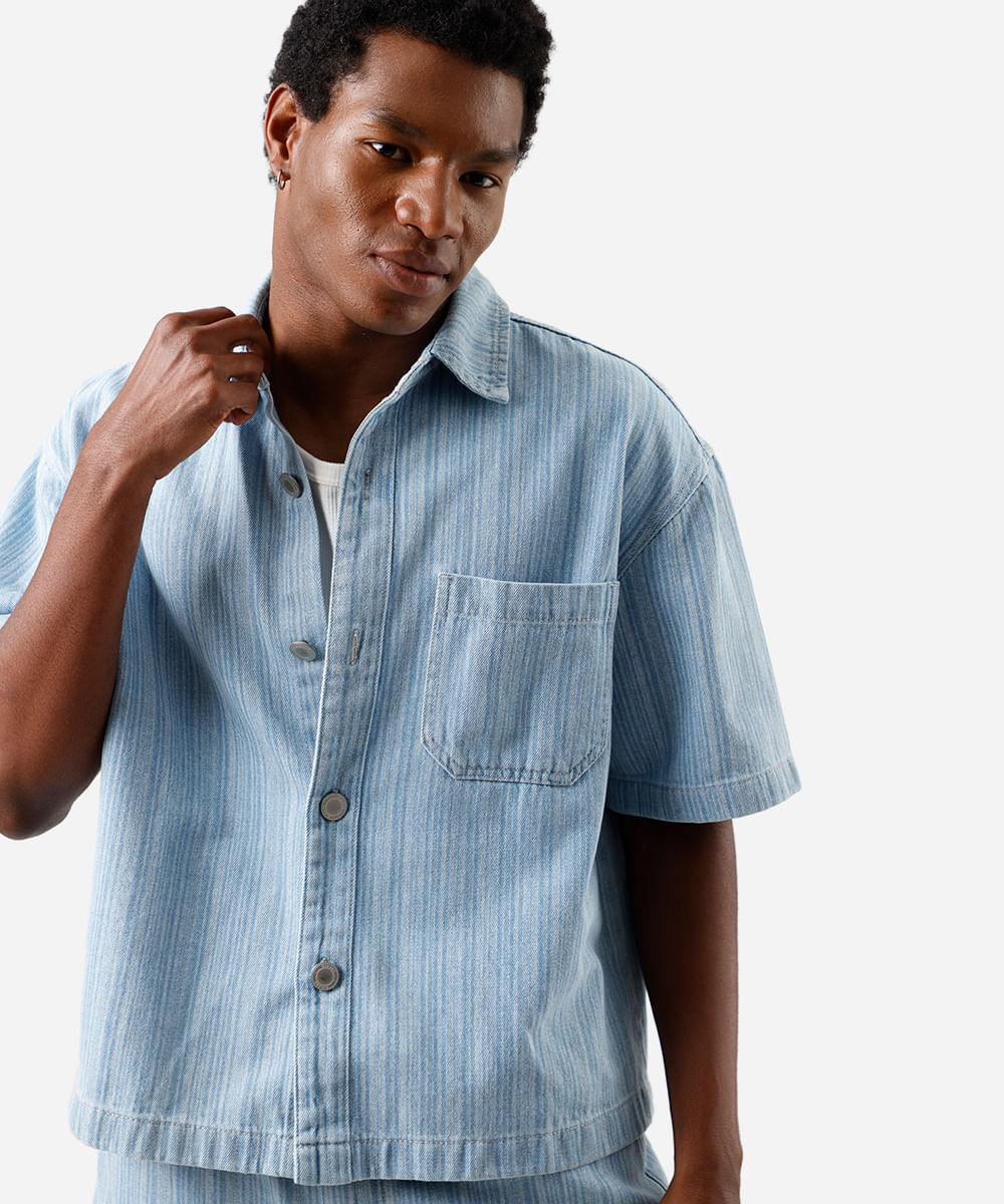 camisa masculina jeans manga curta listrada azul
