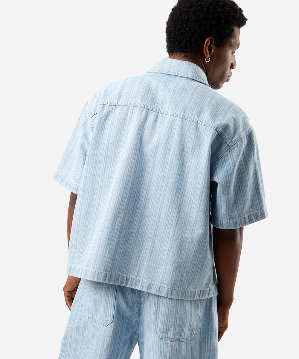 camisa masculina jeans manga curta listrada azul