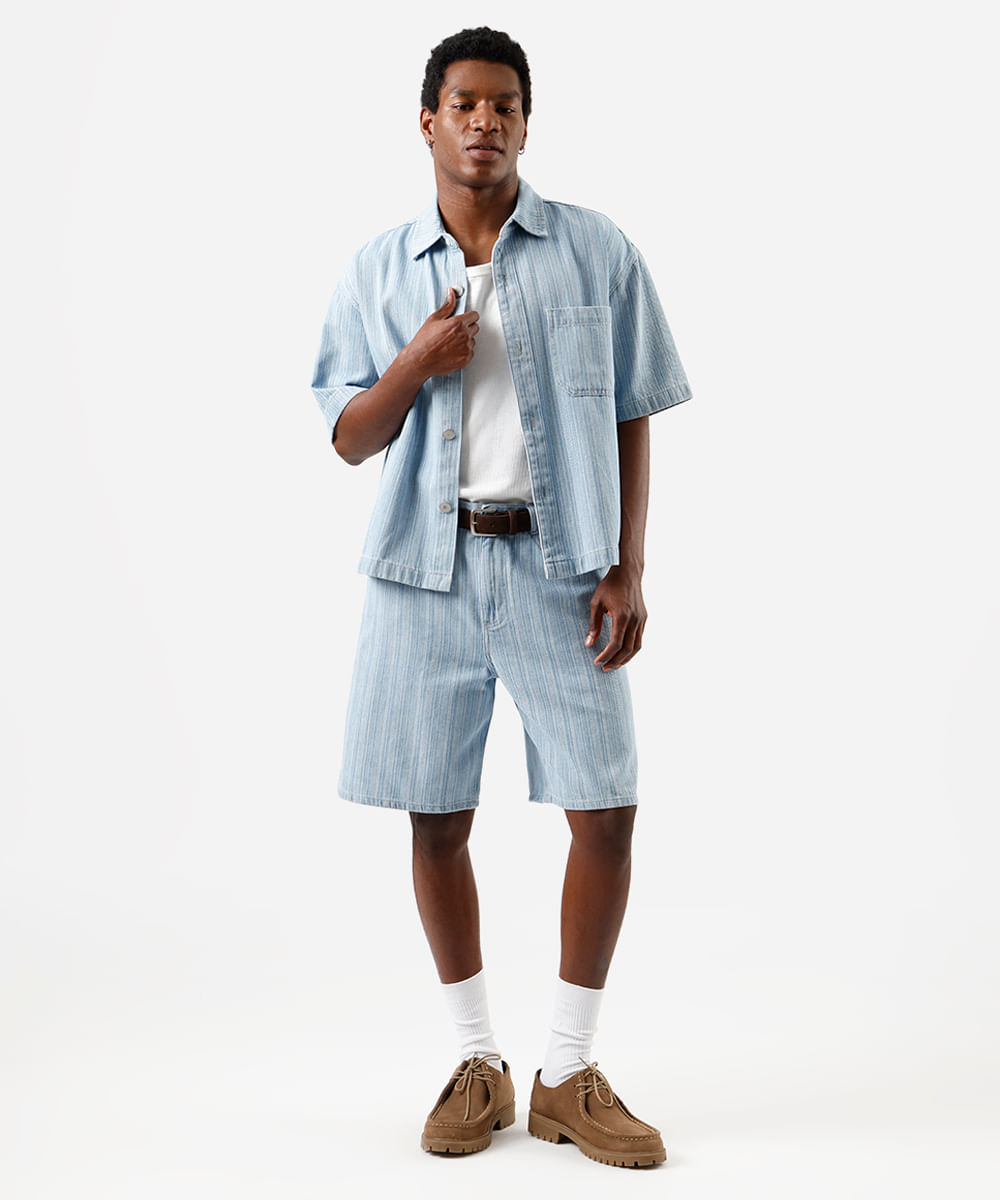 camisa masculina jeans manga curta listrada azul