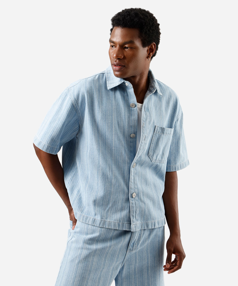 camisa masculina jeans manga curta listrada azul