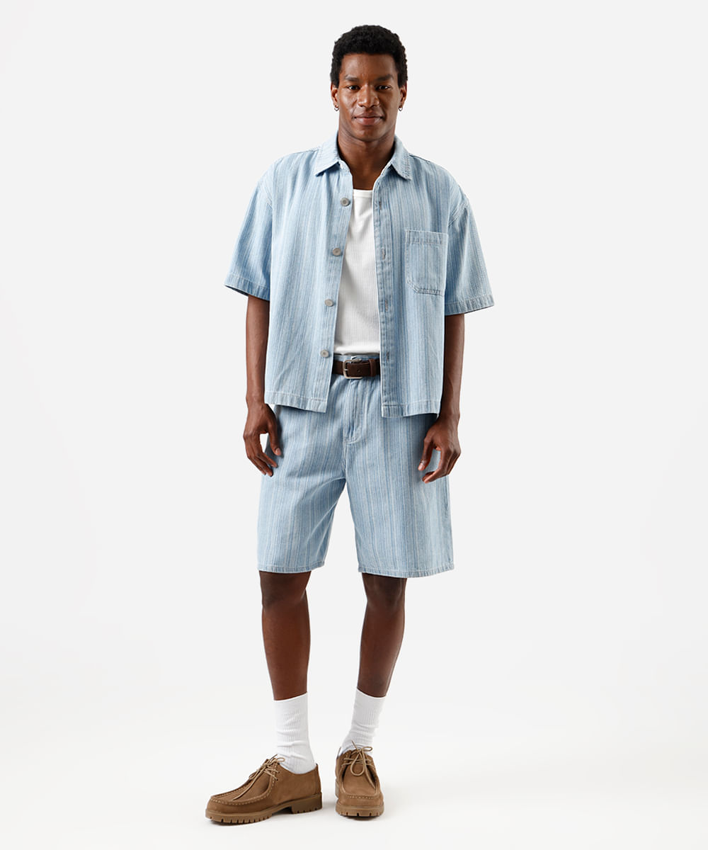 bermuda reta masculina jeans listrada azul