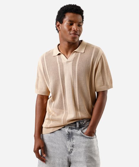 polo masculina de tricot manga curta texturizada bege
