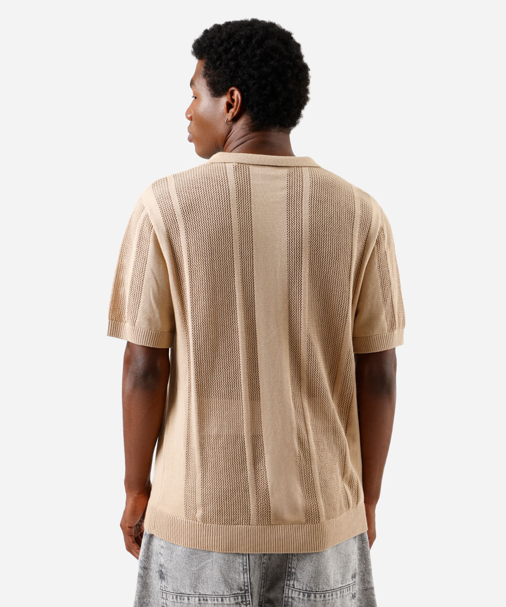 polo masculina de tricot manga curta texturizada bege