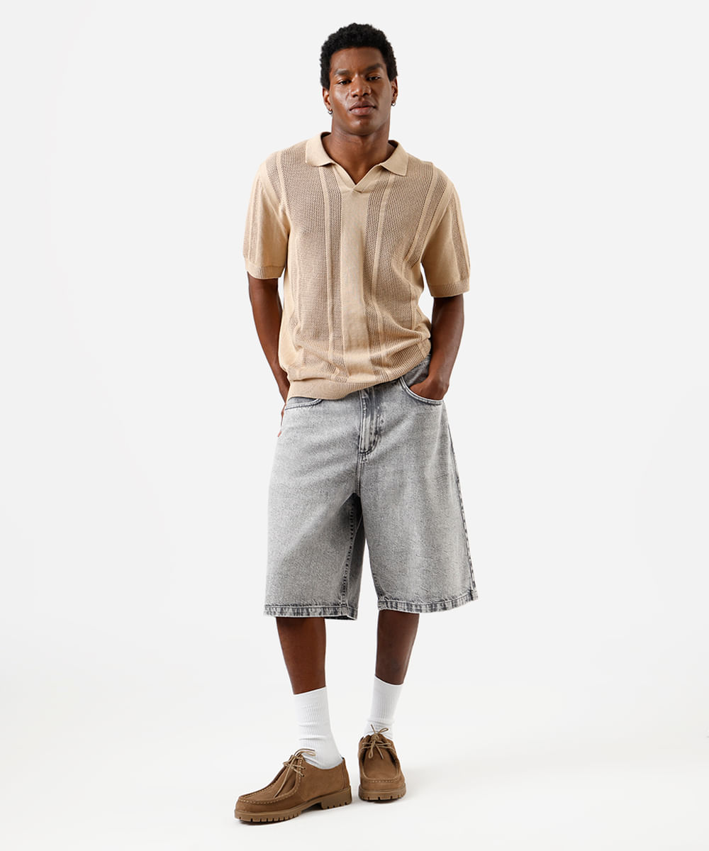 polo masculina de tricot manga curta texturizada bege