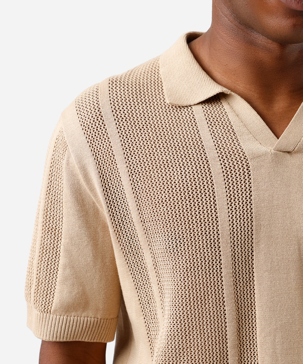 polo masculina de tricot manga curta texturizada bege