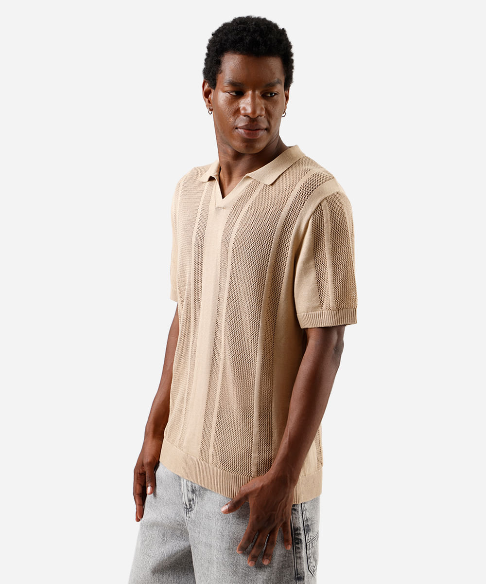 polo masculina de tricot manga curta texturizada bege