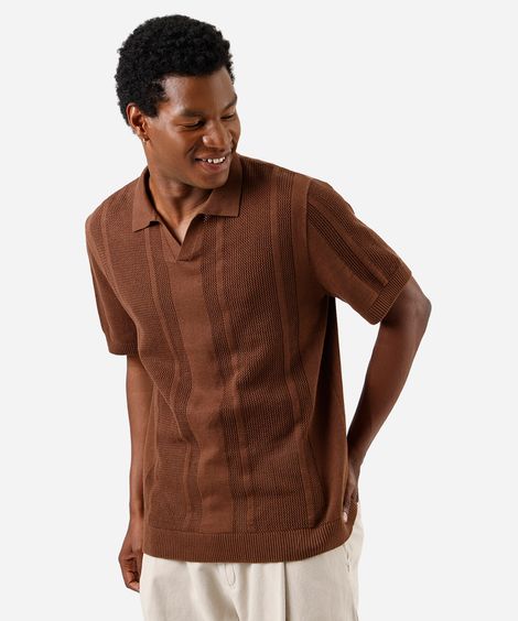 polo masculina de tricot manga curta texturizada marrom