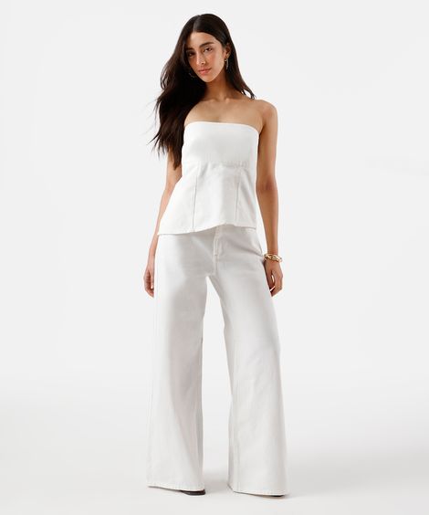 calça wide leg feminina de sarja cintura alta off white