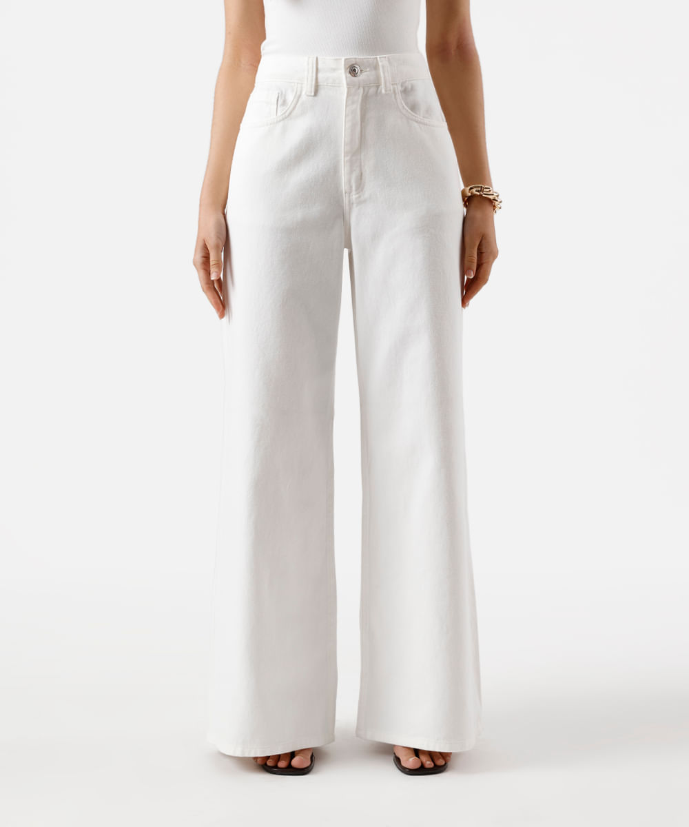 calça wide leg feminina de sarja cintura alta off white