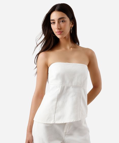 blusa feminina de sarja sem alça assimétrica off white