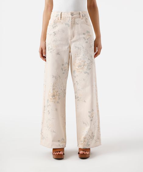 calça wide leg feminina de sarja floral bege