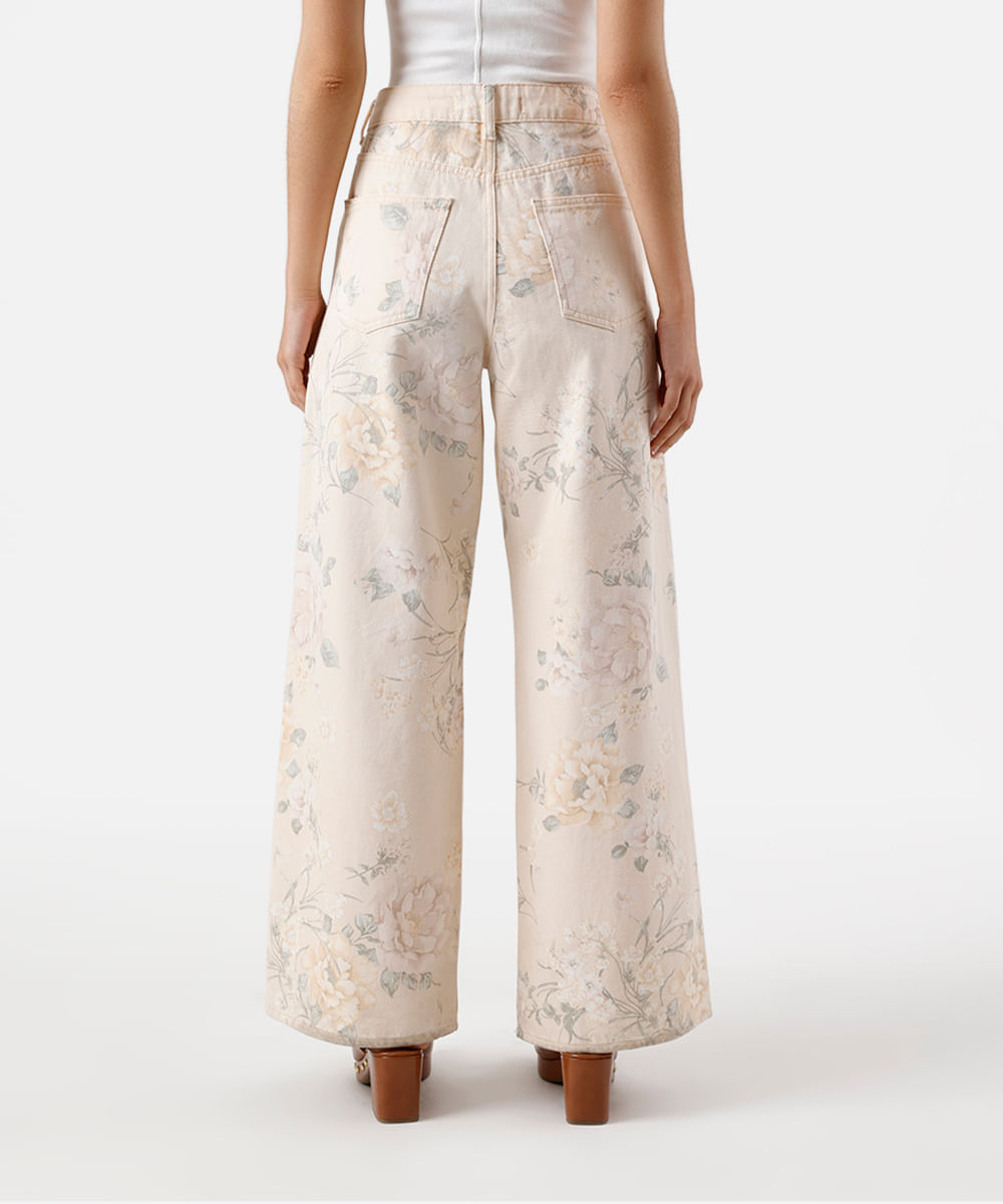 calça wide leg feminina de sarja floral bege