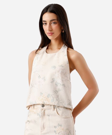 blusa frente única feminina de sarja floral bege