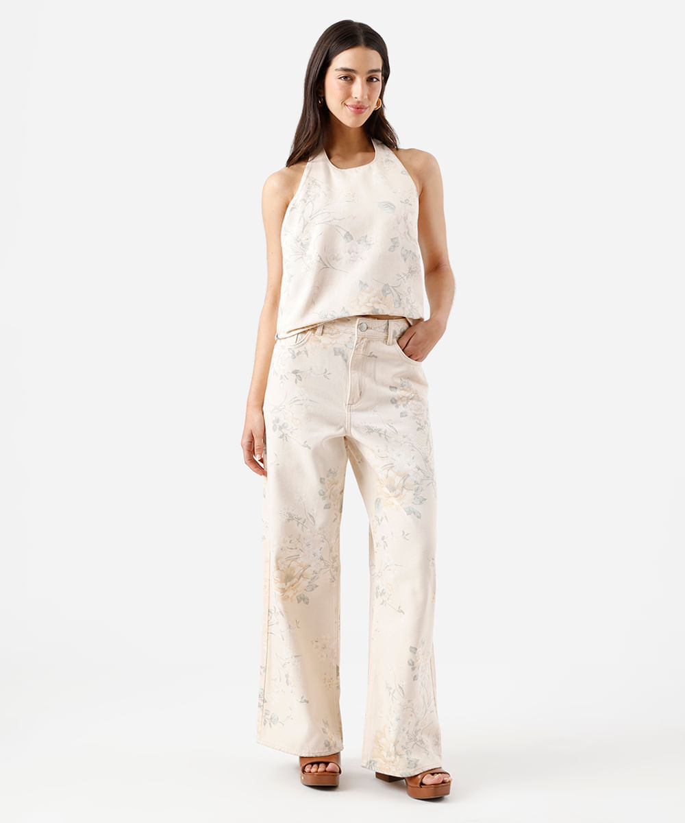 blusa frente única feminina de sarja floral bege