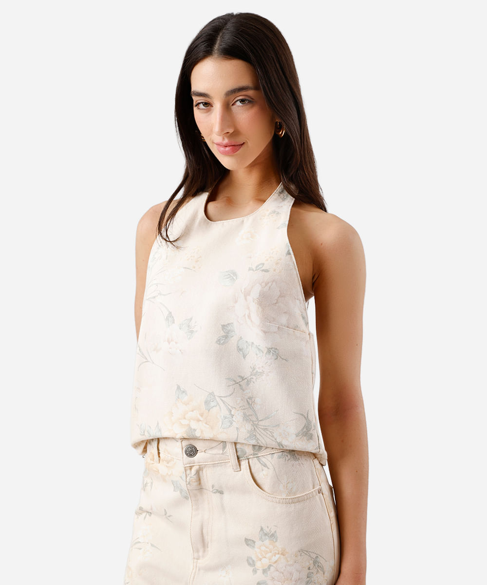 blusa frente única feminina de sarja floral bege