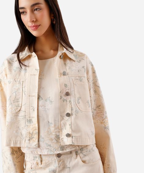 jaqueta feminina de sarja com bolsos floral bege