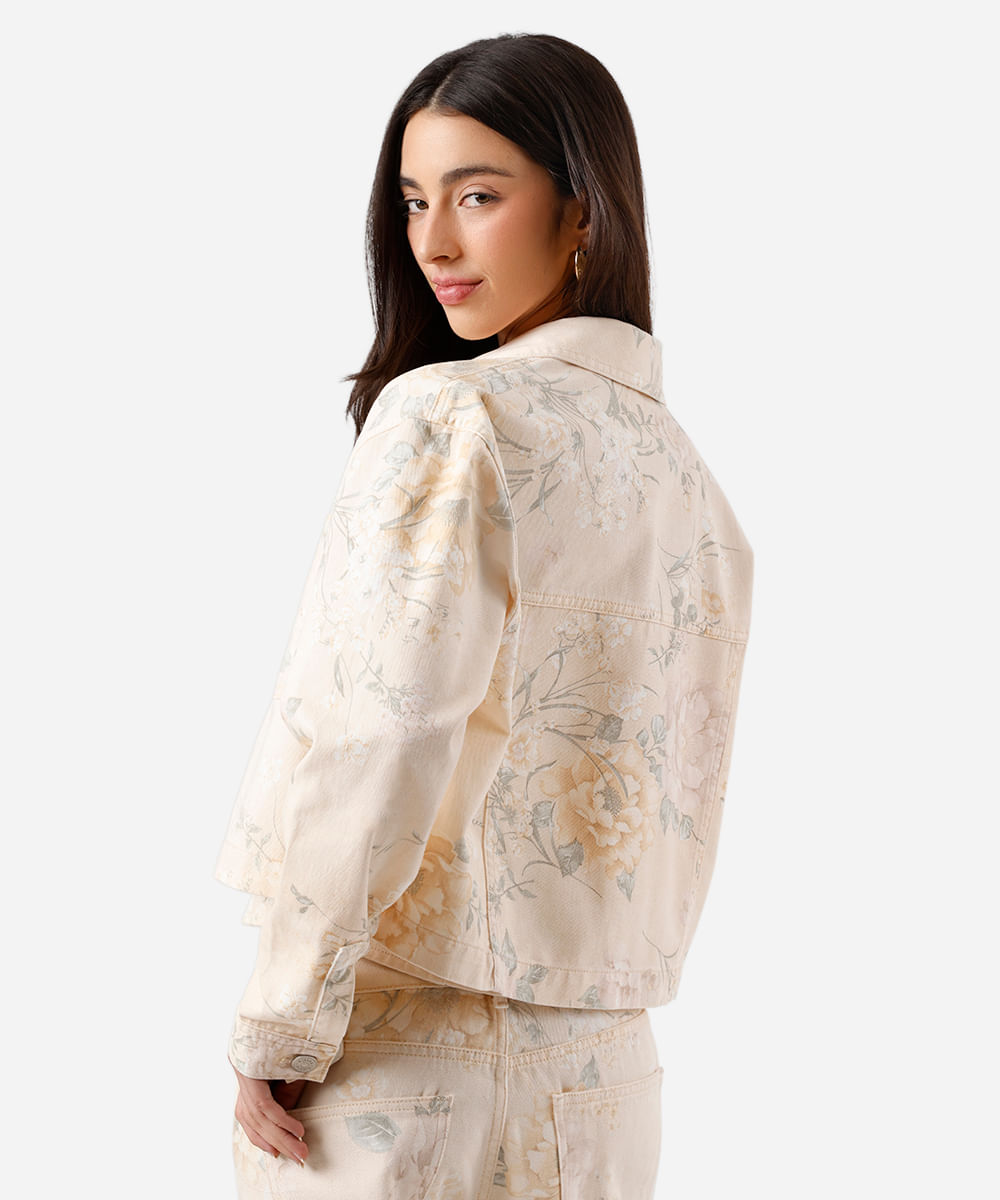 jaqueta feminina de sarja com bolsos floral bege