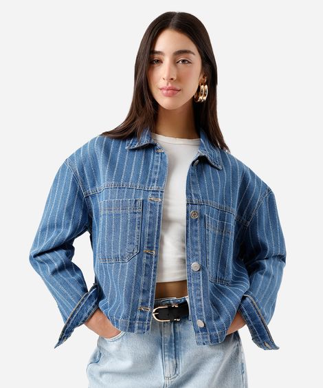 jaqueta feminina jeans com bolsos listrada azul