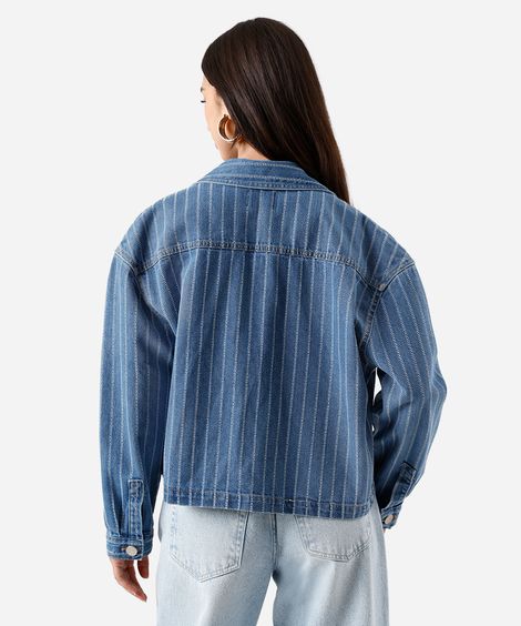 jaqueta feminina jeans com bolsos listrada azul