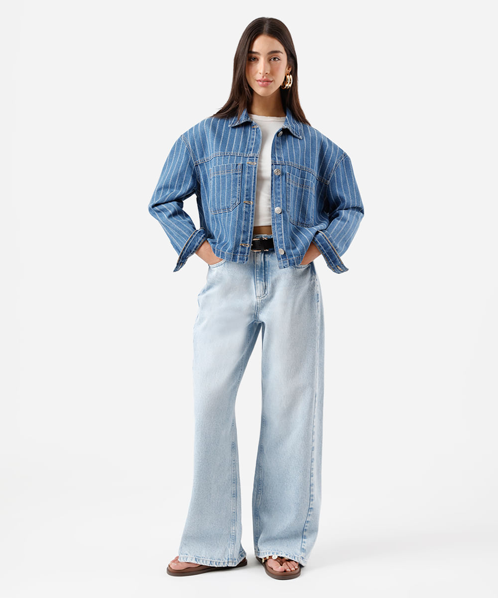 jaqueta feminina jeans com bolsos listrada azul