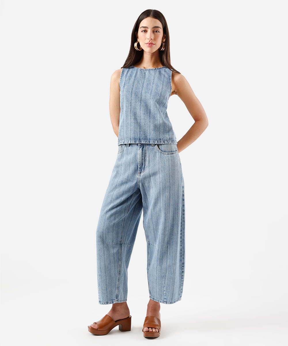 blusa feminina jeans listrada azul