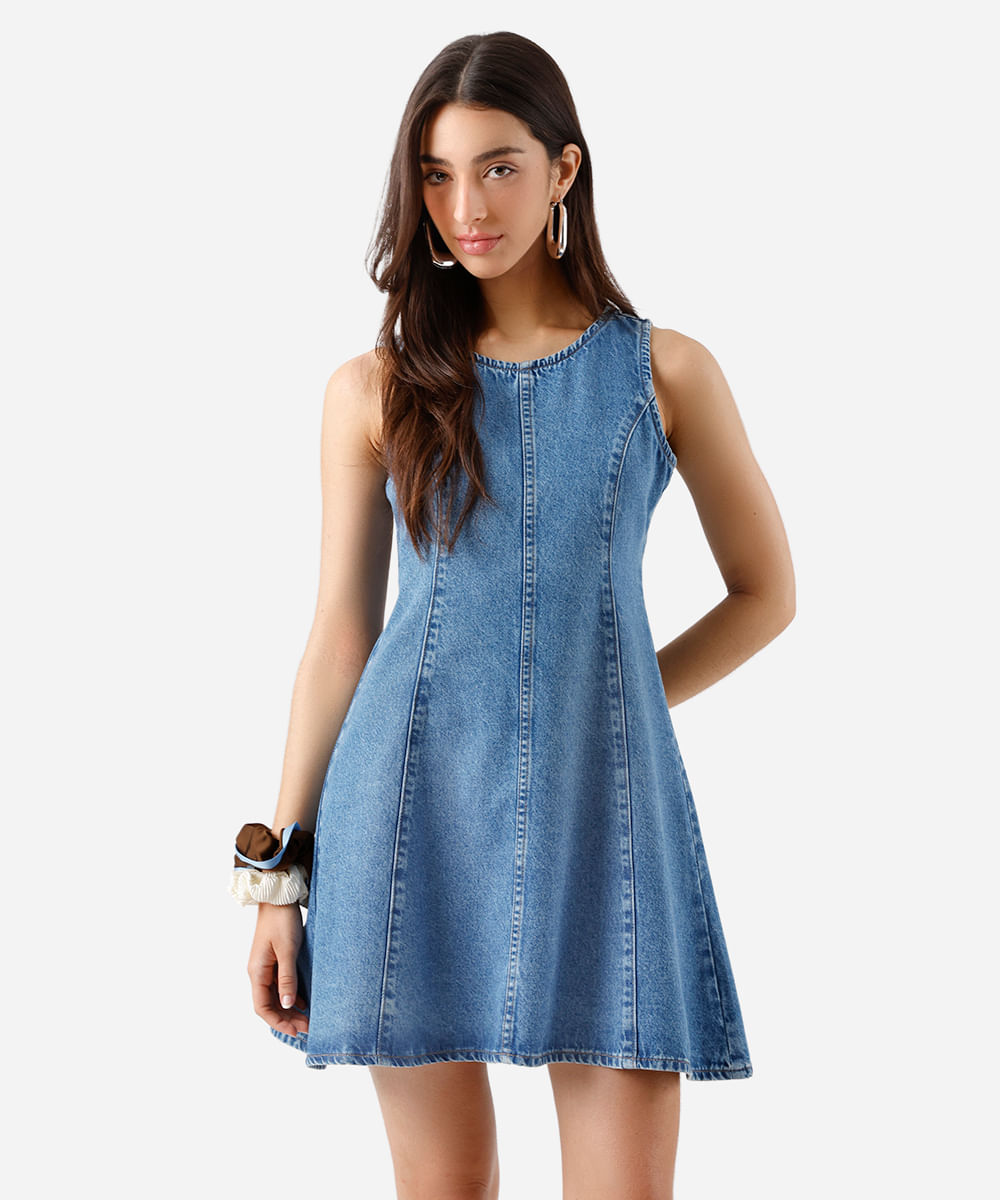 vestido curto feminino jeans com recortes azul