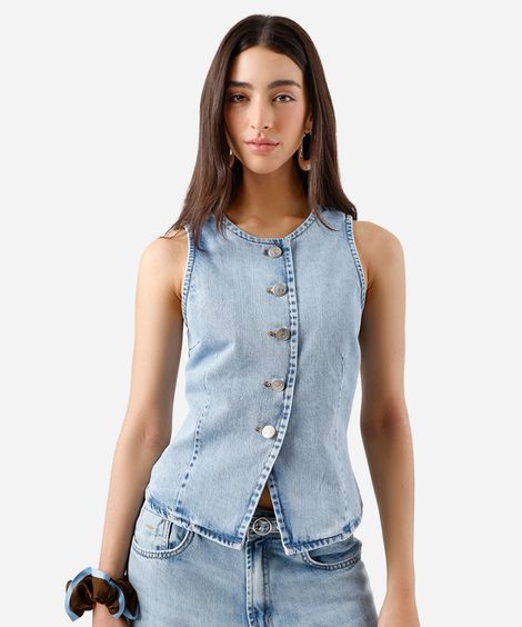 colete feminino jeans decote redondo azul