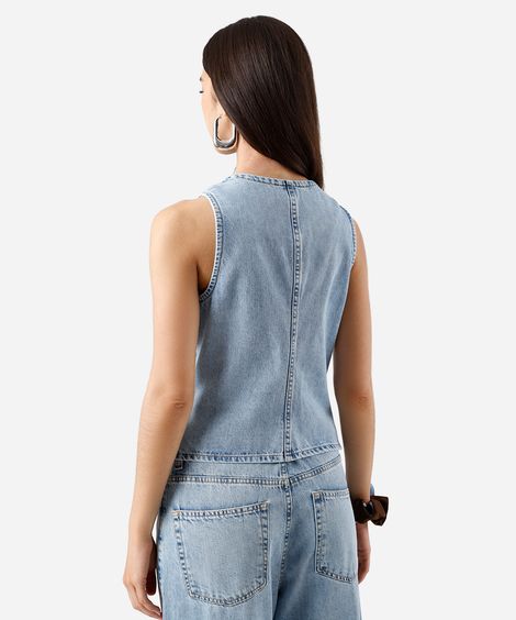 colete feminino jeans decote redondo azul