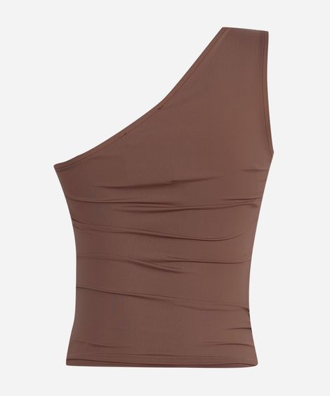 regata juvenil ombro único com pregas marrom