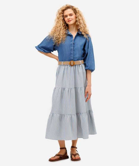 saia midi feminino com linho e cinto listrada azul