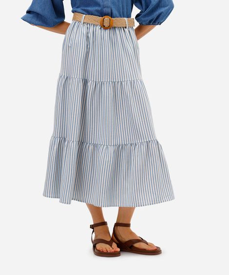 saia midi feminino com linho e cinto listrada azul