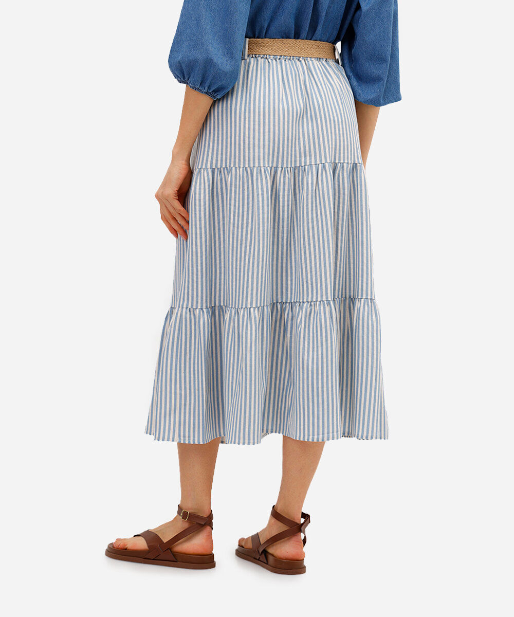 saia midi feminino com linho e cinto listrada azul